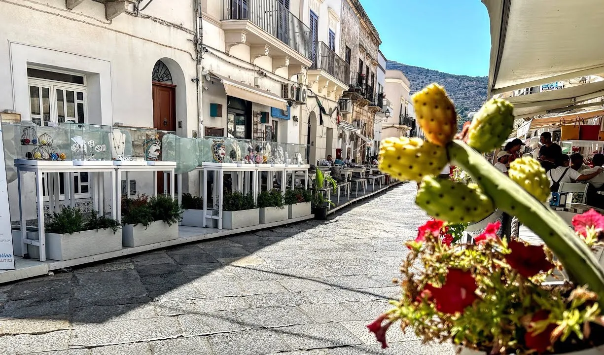 Lanes in the centre of Favignana with white houses and Mediterranean plants