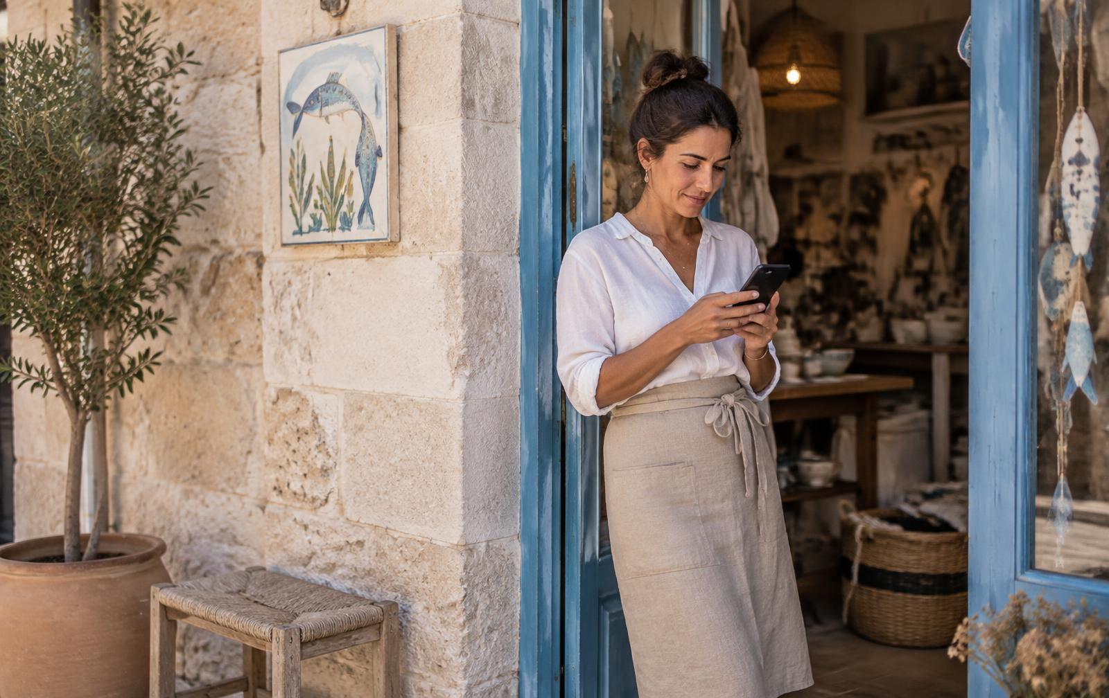 Una titolare consulta la scheda digitale della propria attività locale