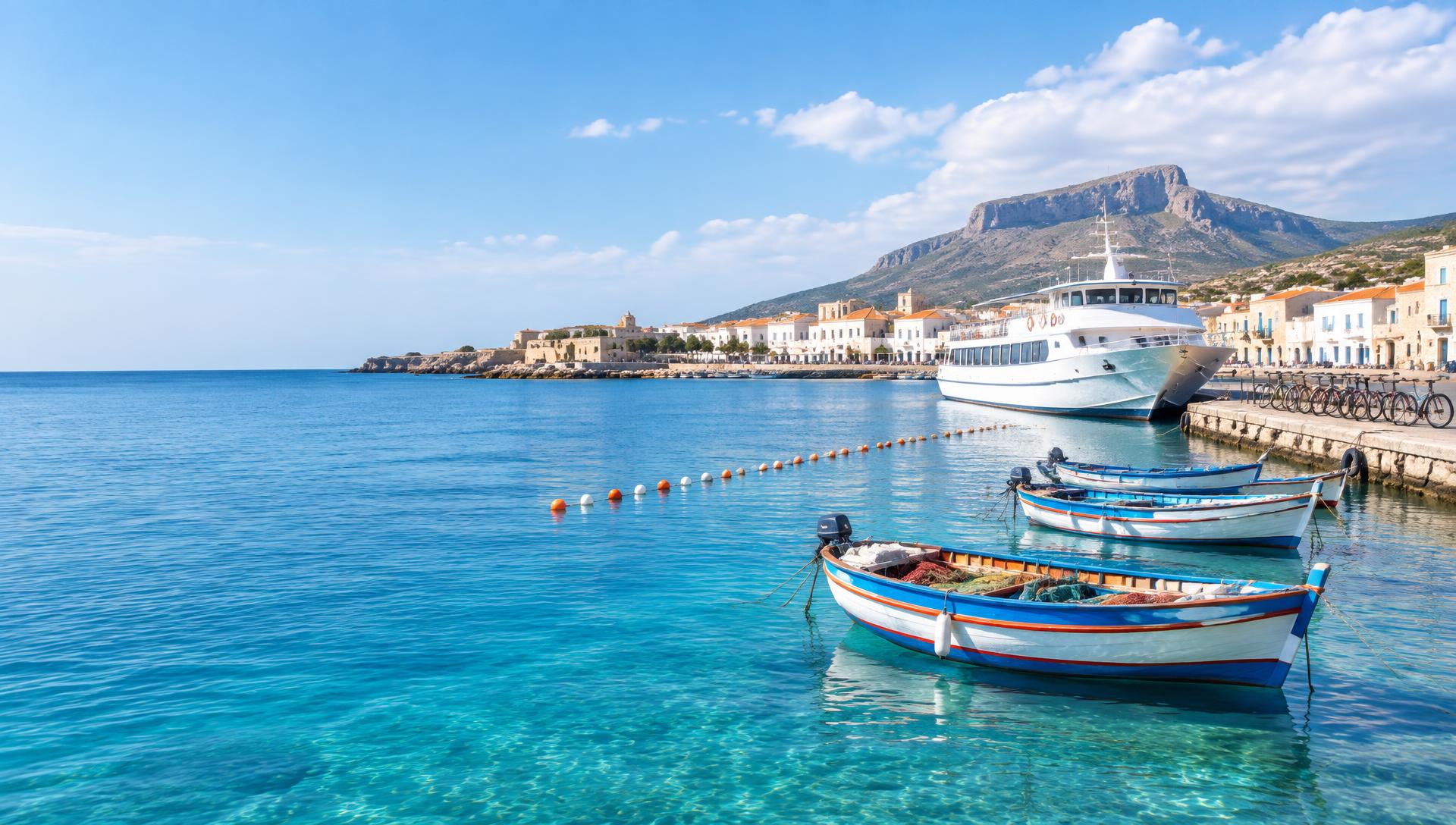 Favignana: il porto con il traghetto, i gozzi, le boe dell'area protetta e le biciclette sulla banchina